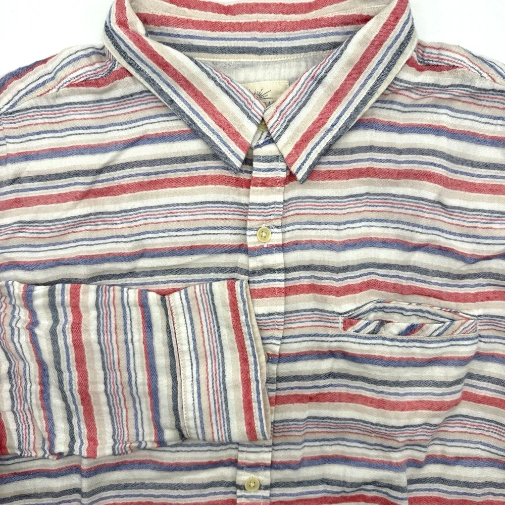 Lucky Brand Button Down Shirt Mens XL Red White Blue Striped Gauze Cotton